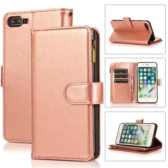 Allytech iPhone 8 Plus Wallet Case, iPhone 7 Plus Case 9 Cards Holder Zipper Wallet Case for Women Men Shockproof Hand Strap Full Protective Flip Stand Cover for Apple iPhone 8 Plus/7Plus-Rosegold