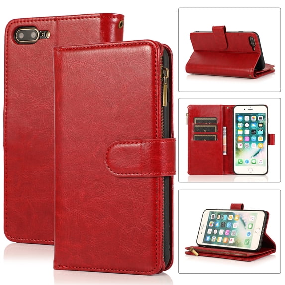 Allytech iPhone 8 Plus Wallet Case, iPhone 7 Plus Case 9 Cards Holder Zipper Wallet Case for Women Men Shockproof Hand Strap Full Protective Flip Stand Cover for Apple iPhone 8 Plus/7Plus-Red