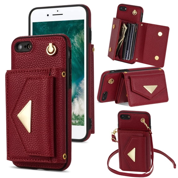 Allytech iPhone SE 2020/2022 Wallet Case, iPhone 7/8 Case, Premium PU Leather Multiple Cards Slots Large Space Wallet Case with Crossbody Shoulder Strap for Girls Women - Red