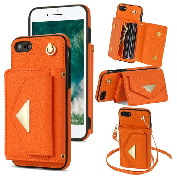 Allytech iPhone SE 2020/2022 Wallet Case, iPhone 7/8 Case, Premium PU Leather Multiple Cards Slots Large Space Wallet Case with Crossbody Shoulder Strap for Girls Women - Orange
