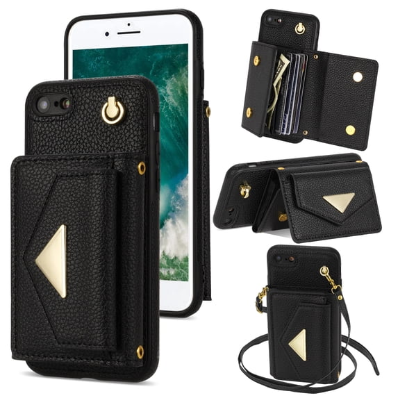 Allytech iPhone SE 2020/2022 Wallet Case, iPhone 7/8 Case, Premium PU Leather Multiple Cards Slots Large Space Wallet Case with Crossbody Shoulder Strap for Girls Women - Black