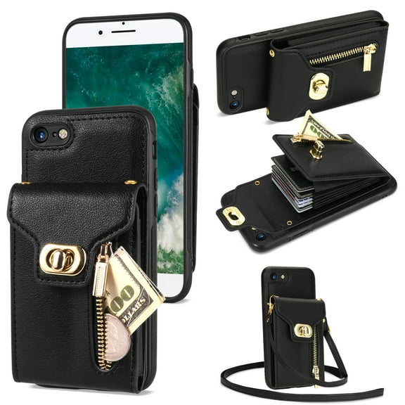 Allytech iPhone SE 2020 Case, iPhone SE 2022 Case Wallet, Multiple Cards Slots Zipper Cash Pocket Stand Lanyard Bumper Wallet Cases Cover for Apple iPhone SE 3rd 2nd Gen/ iPhone 7/8 -Black