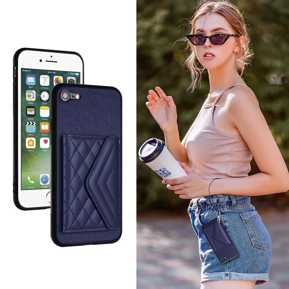 Allytech iPhone SE 2022/2020/ iPhone 7 8 Wallet Case with Hand Wrist, PU Leather RFID Blocking Cards Slots Shockproof Stand Feature Bumper Magnetic Closure Slim Shell Phone Case, Blue