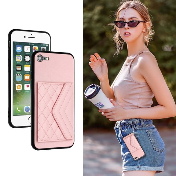 Allytech iPhone SE 2022/2020/ iPhone 7 8 Wallet Case with Hand Wrist, PU Leather RFID Blocking Cards Slots Shockproof Stand Feature Bumper Magnetic Closure Slim Shell Phone Case, Pink