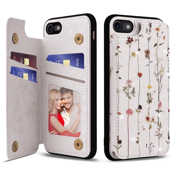 Allytech iPhone SE 2022 2020 Case with Card Holder, Stylish Flower with Glitter Bling Rhinestone Stand Shockproof Slim Fit Bumper Wallet Case for Apple iPhone SE 3rd 2nd Gen/ iPhone 8/7 - Floral