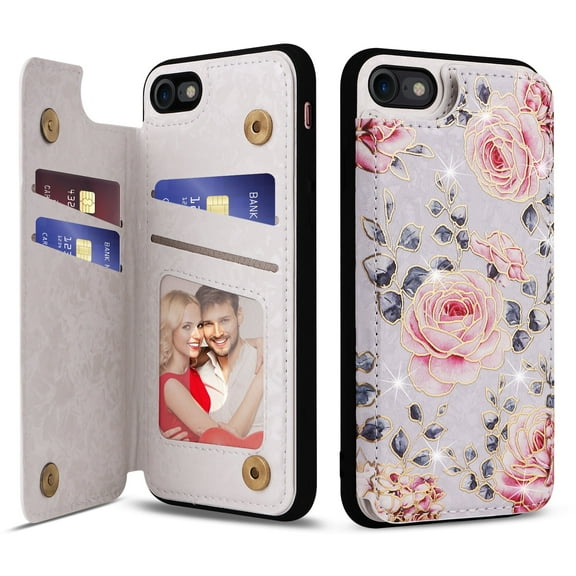 Allytech iPhone SE 2022 2020 Case with Card Holder, Stylish Flower with Glitter Bling Rhinestone Stand Shockproof Slim Fit Bumper Wallet Case for Apple iPhone SE 3rd 2nd Gen/ iPhone 8/7 - Flower