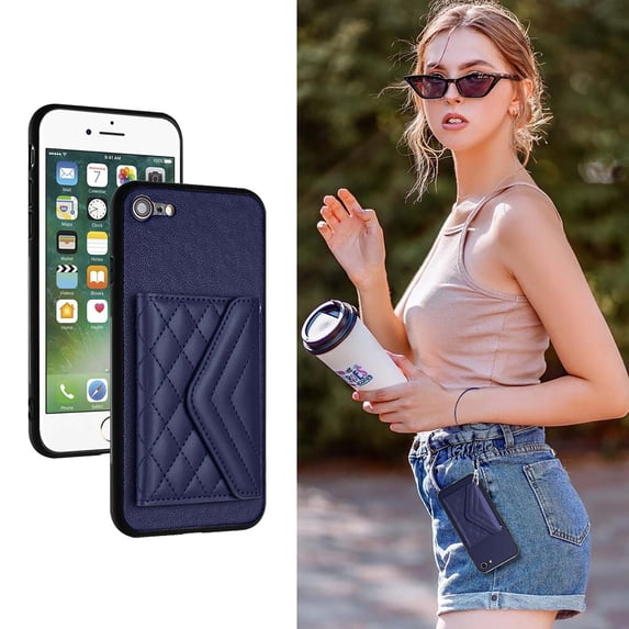 Allytech iPhone SE 2022/2020/ iPhone 7 8 Wallet Case with Hand Wrist, PU Leather RFID Blocking Cards Slots Shockproof Stand Feature Bumper Magnetic Closure Slim Shell Phone Case, Blue