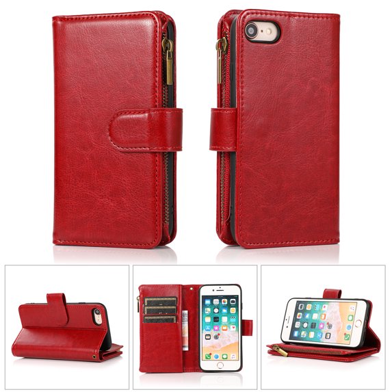 Allytech iPhone SE 2022/3rd/2020 Wallet Case, 9 Cards Holder Zipper Wallet Case for Women Men Shockproof Hand Strap Full Protective Flip Stand Case Cover for Apple iPhone iPhone 8/7 - Red