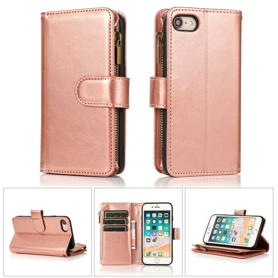 Allytech iPhone SE 2022/3rd/2020 Wallet Case, 9 Cards Holder Zipper Wallet Case for Women Men Shockproof Hand Strap Full Protective Flip Stand Case Cover for Apple iPhone iPhone 8/7 - Rosegold