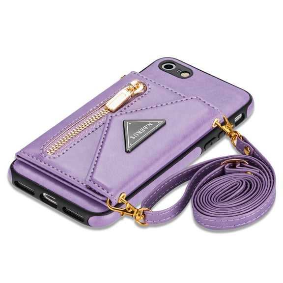 Allytech iPhone SE 2022 Case 2nd 3rd Gen, iPhone 8/7 Case, With Crossbody Strap Cards Slots Zipper Wallet Shockproof Protection Case Cover for Apple iPhone SE 2022/2020/ iPhone 8/7 - Purple