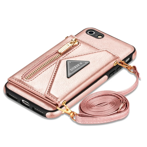 Allytech iPhone SE 2022 Case 2nd 3rd Gen, iPhone 8/7 Case, With Crossbody Strap Cards Slots Zipper Wallet Shockproof Protection Case Cover for Apple iPhone SE 2022/2020/ iPhone 8/7 - Pink