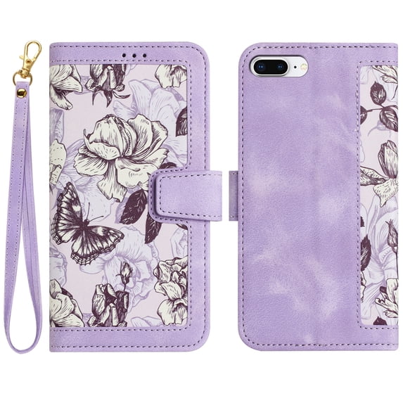 Allytech iPhone SE 3rd 2nd Gen Wallet Case 2022/2020, iPhone 8/7 Case, Chic Flower Pattern Shoulder Strap Hand Wrist PU Leather Cards Holder Stand Protective Flip Folio Cover for Girls - Purple