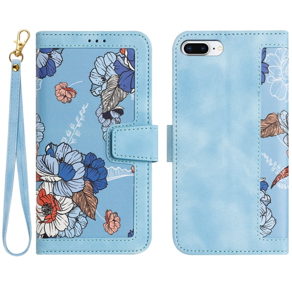 Allytech iPhone SE 3rd 2nd Gen Wallet Case 2022/2020, iPhone 8/7 Case, Chic Flower Pattern Shoulder Strap Hand Wrist PU Leather Cards Holder Stand Protective Flip Folio Cover for Girls - Blue
