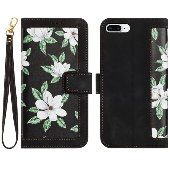Allytech iPhone SE 3rd 2nd Gen Wallet Case 2022/2020, iPhone 8/7 Case, Chic Flower Pattern Shoulder Strap Hand Wrist PU Leather Cards Holder Stand Protective Flip Folio Cover for Girls - Black