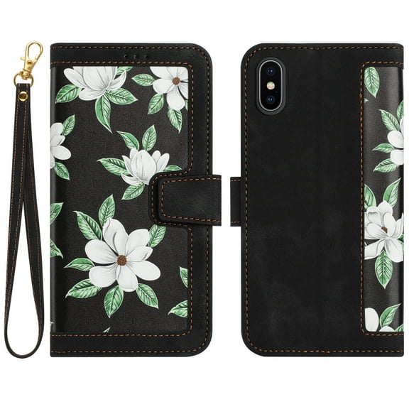 Allytech iPhone X Case Wallet, iPhone XS Wallet Case, Chic Flower Pattern Shoulder Strap Hand Wrist PU Leather Cards Holder Stand Protective Flip Folio Cover for Girls - Black