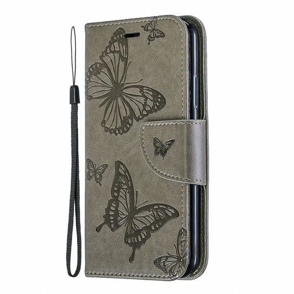 Allytech iPhone X Case, iPhone XS Case, Slim Fit PU Leather Folio Butterfly Embossed Shockproof Wrist Hand Strap Flip Cards Holder Wallet Case TPU Back Cover for Apple iPhone XS/X, Gray