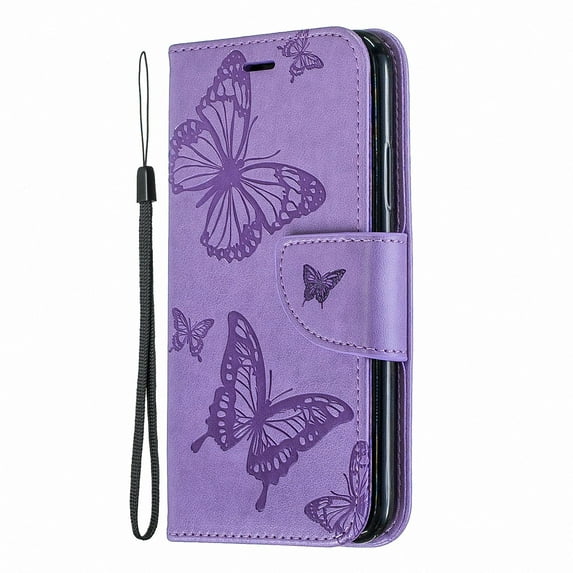 Allytech iPhone X Case, iPhone XS Case, Slim Fit PU Leather Folio Butterfly Embossed Shockproof Wrist Hand Strap Flip Cards Holder Wallet Case TPU Back Cover for Apple iPhone XS/X, Violet