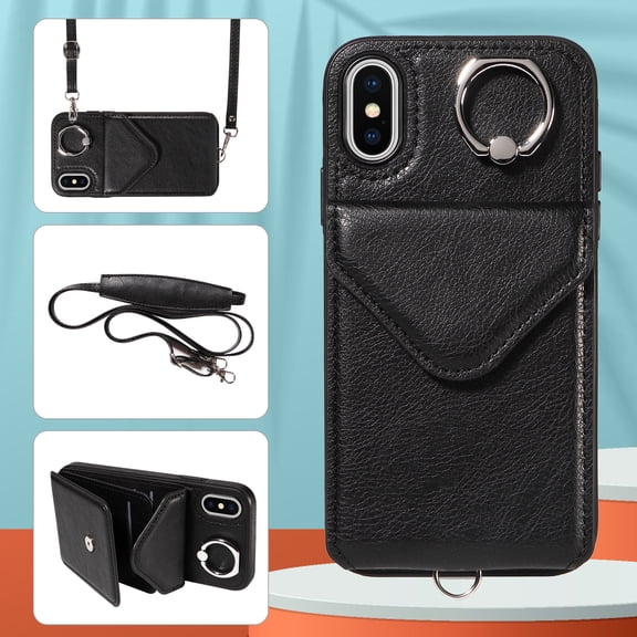 Allytech iPhone X/ iPhone XS Case with Ring Holder & Shoulder Strap, Retro PU Leather Cards Slots Kickstand Detachable Lanyard Shockproof Wallet Case Cover for Apple iPhone X/ iPhone XS - Black