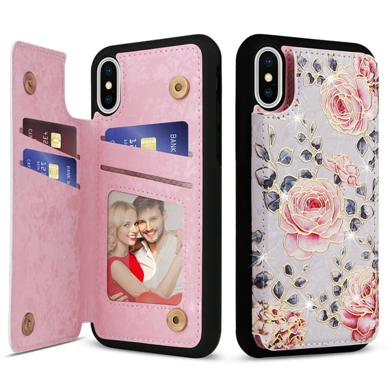 Allytech iPhone X/ iPhone XS Case with Card Holder, Stylish Flower with Glitter Bling Rhinestone Stand Shockproof Slim Fit Bumper Wallet Case for Apple iPhone X/ iPhone XS - Flower
