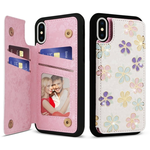 Allytech iPhone X/ iPhone XS Case with Card Holder, Stylish Flower with Glitter Bling Rhinestone Stand Shockproof Slim Fit Bumper Wallet Case for Apple iPhone X/ iPhone XS - Floret