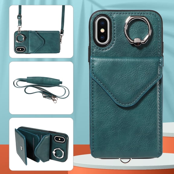 Allytech iPhone X/ iPhone XS Case with Ring Holder & Shoulder Strap, Retro PU Leather Cards Slots Kickstand Detachable Lanyard Shockproof Wallet Case Cover for Apple iPhone X/ iPhone XS - Green