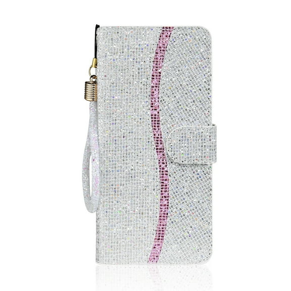 Allytech iPhone XR Case for Girls, Bling Glitter Design PU Leather Kickstand Credit Cards Cash Pocket Wallet Case Shock-Absorption Flip Cover with Hand Strap for Apple iPhone XR 6.1", Silver