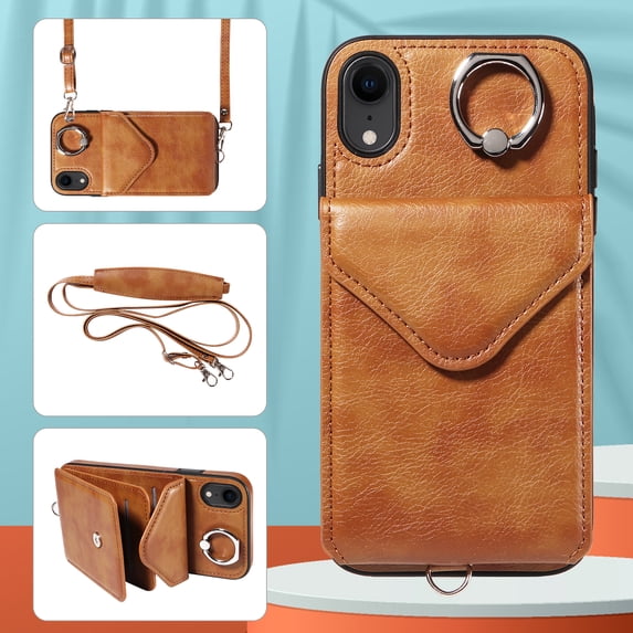Allytech iPhone XR Case with Ring Holder & Shoulder Strap, Retro PU Leather Cards Slots Kickstand Detachable Lanyard Shockproof Wallet Case Cover for Apple iPhone XR - Brown