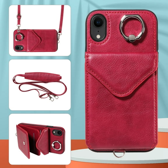 Allytech iPhone XR Case with Ring Holder & Shoulder Strap, Retro PU Leather Cards Slots Kickstand Detachable Lanyard Shockproof Wallet Case Cover for Apple iPhone XR - Red