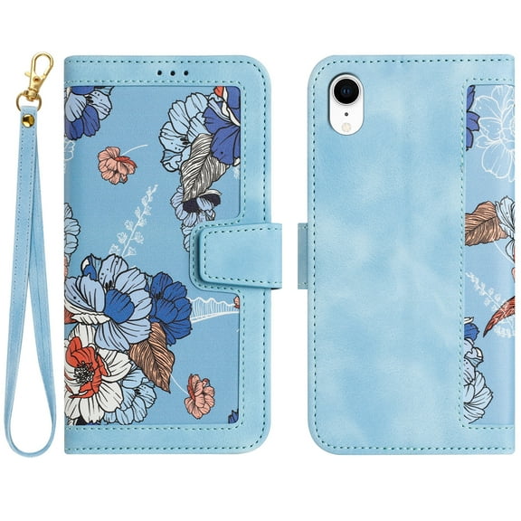 Allytech iPhone XR Case Wallet, Chic Flower Pattern Shoulder Strap Hand Wrist PU Leather Cards Holder Stand Protective Flip Folio Cover for Girls - Blue