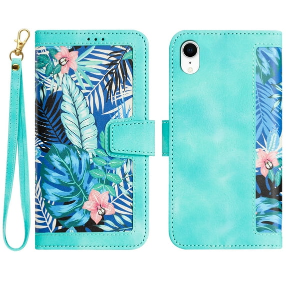 Allytech iPhone XR Case Wallet, Chic Flower Pattern Shoulder Strap Hand Wrist PU Leather Cards Holder Stand Protective Flip Folio Cover for Girls - Green