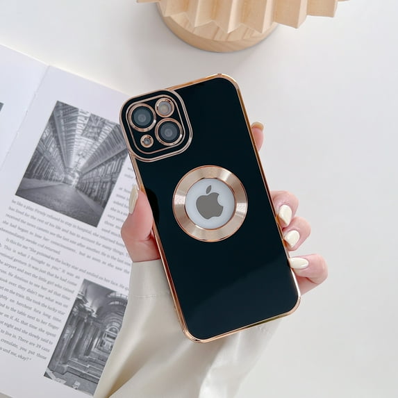 Allytech for iPhone XS Max 6.5 Inch Gold Plated Frame with Lens Film Case, Back Panel Exposed Logo Shockproof Scratchproof Cover Case for iPhone XS Max, Black