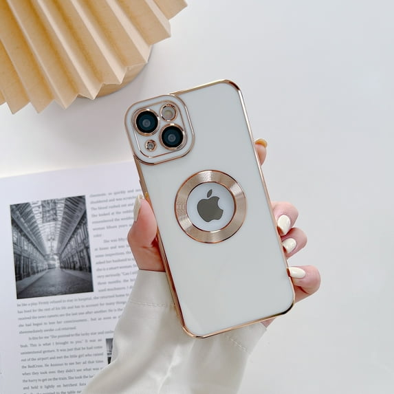 Allytech for iPhone XS Max 6.5 Inch Gold Plated Frame with Lens Film Case, Back Panel Exposed Logo Shockproof Scratchproof Cover Case for iPhone XS Max, White