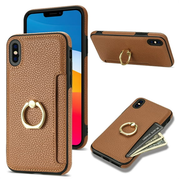 Allytech iPhone XS Max Wallet Case with Ring Holder, PU Leather Slim Fit Cards Holder Shockproof Protective Stand Drop Proof Wallet Case Cover for Apple iPhone XS Max - Brown
