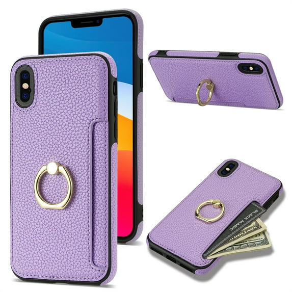 Allytech iPhone XS Max Wallet Case with Ring Holder, PU Leather Slim Fit Cards Holder Shockproof Protective Stand Drop Proof Wallet Case Cover for Apple iPhone XS Max - Purple
