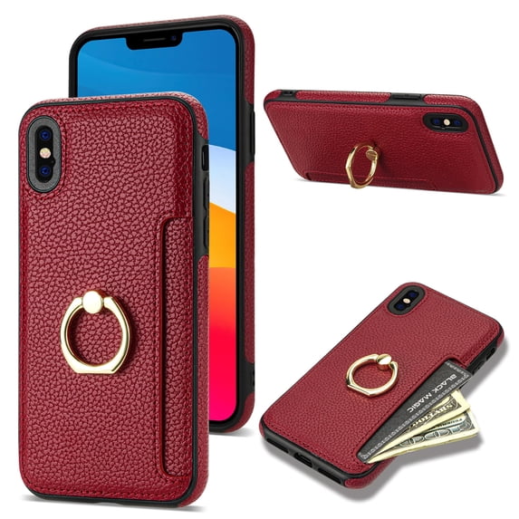 Allytech iPhone XS Max Wallet Case with Ring Holder, PU Leather Slim Fit Cards Holder Shockproof Protective Stand Drop Proof Wallet Case Cover for Apple iPhone XS Max - Red