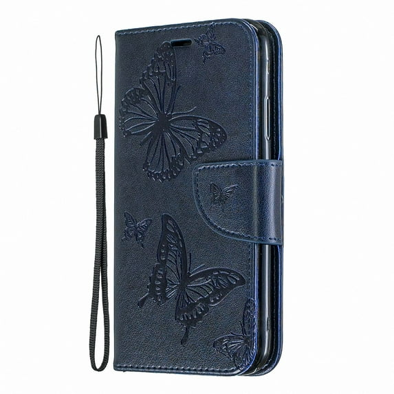 Allytech iPhone Xr Case (6.1"), Slim Fit PU Leather Folio Butterfly Embossed Shockproof Wrist Hand Strap Flip Cards Holder Wallet Case TPU Back Cover for Apple iPhone XR, Blue