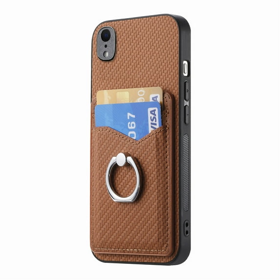 Allytech iPhone Xr Case with Ring Holder Kickstand, Weave Texture Slim Fit Wallet Case with Cards Holder Shockproof Bumper Phone Case Cover for Apple iPhone Xr - Brown