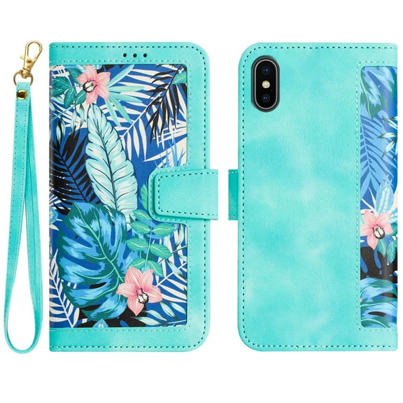 Allytech iPhone Xs Max Case Wallet, Chic Flower Pattern Shoulder Strap Hand Wrist PU Leather Cards Holder Stand Protective Flip Folio Cover for Girls - Green