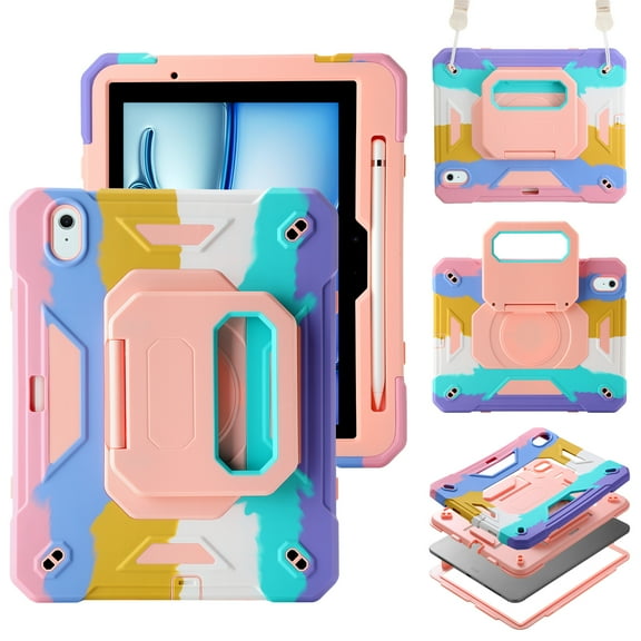 Allytechgrou Rugged Case for Apple Air 11 Inch M3 M2 2025 2024, Heavy Duty Shockproof Kickstand Handle Design with Shoulder Strap Kids Friendly Drop Protection Case for iPad Air 11", Rainbow