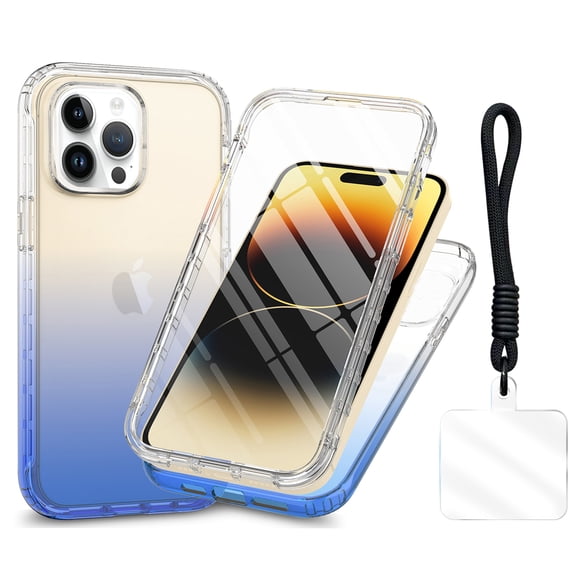 AllytechgrouP iPhone 14 Pro Max Case with Lanyard, Shockproof Clear Phone Case for Apple iPhone 14 Pro Max, Dual-Layer Anti-Yellow TPU Cover Slim Fit Protective Cover, Blue