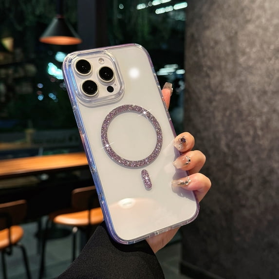 Allytechgrouop Glitter Magnetic Clear Case for Apple iPhone 14 Pro, Compatible with Magsafe Transparent Soft TPU Phone Case with Sparkly Ring Slim Protective Shockproof Cover for Women Girls, Purple