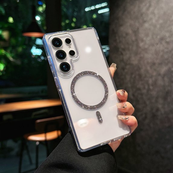 Allytechgrouop Glitter Magnetic Clear Case for Samsung Galaxy S25 Ultra, Compatible with Magsafe Transparent Soft TPU Phone Case with Sparkly Ring Slim Protective Cover for Women Girls, Black