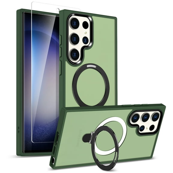 Allytechgrouop Rugged Phone Case for Samsung Galaxy S25 Ultra with Screen Protector – Full Body Galaxy S25 Ultra Case Cover with Ring Kickstand, MagSafe Compatible Design, Darkgreen