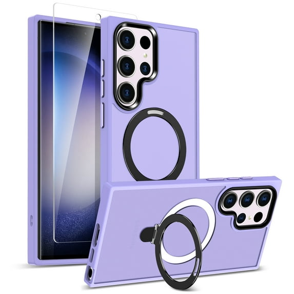 Allytechgrouop Rugged Phone Case for Samsung Galaxy S25 Ultra with Screen Protector – Full Body Galaxy S25 Ultra Case Cover with Ring Kickstand, MagSafe Compatible Design, Lightpurple