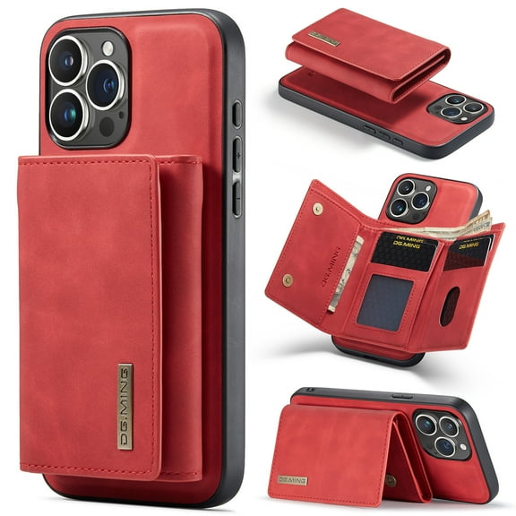Allytechgroup 2 in 1 Detachable Wallet Case for iPhone 16 Pro Max with Cash Pocket & Cash Slots, [Magnetic Clasp] [Kickstand] Retro PU Leather Soft TPU Shockproof Anti-Scratch Slim Case, Red
