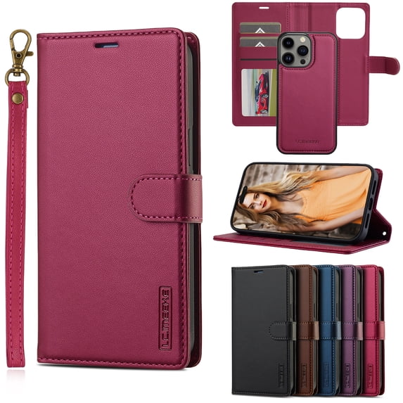 Allytechgroup 2 in 1 Wallet Case for Apple iPhone 11, Detachable Back Cover Cards Holder RFID Blocking Hand Wrist Shockproof Drop Protective Phone Case for Women Men, Red