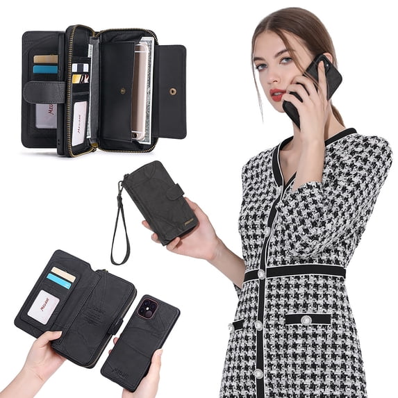 Allytechgroup 2 in 1 Wallet Case for Apple iPhone 11, Detachable Back Cover Zipper Purse Card Holder Shockproof Hand Wrist Phone Case for Apple iPhone 11, Black
