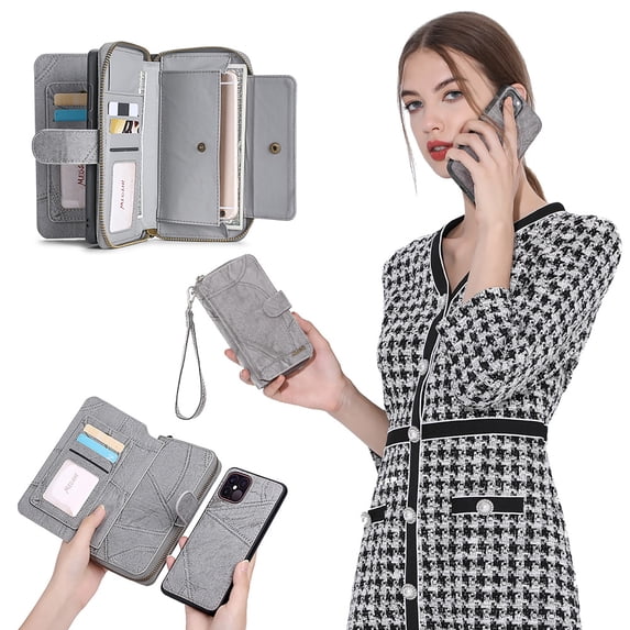 Allytechgroup 2 in 1 Wallet Case for Apple iPhone 11, Detachable Back Cover Zipper Purse Card Holder Shockproof Hand Wrist Phone Case for Apple iPhone 11, Gray