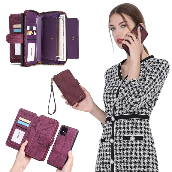 Allytechgroup 2 in 1 Wallet Case for Apple iPhone 12 Pro Max, Detachable Back Cover Zipper Purse Card Holder Shockproof Hand Wrist Phone Case for Apple iPhone 12 Pro Max, Winered