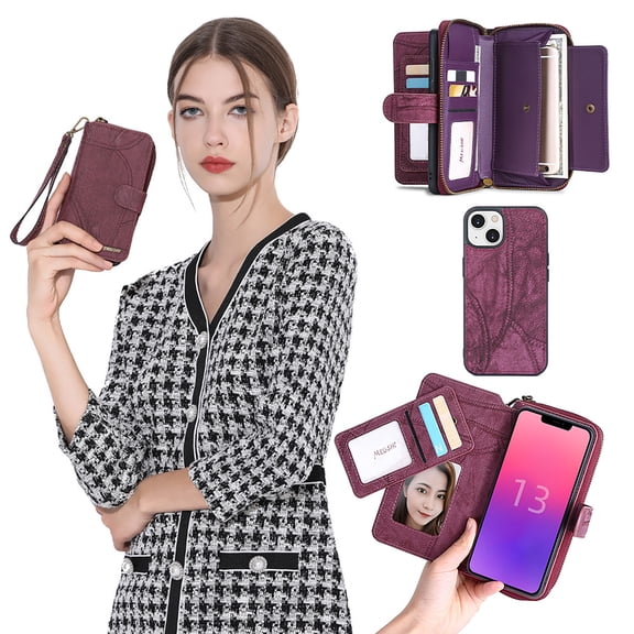Allytechgroup 2 in 1 Wallet Case for Apple iPhone 13, Detachable Back Cover Zipper Purse Card Holder Shockproof Hand Wrist Phone Case for Apple iPhone 13, Winered